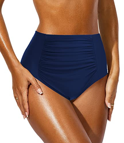 JFAN Women's High Waist Pleated Hip Lifter Slim Fit Sports Swimwear Women's Bikini Bottoms(Navy Blue,M)