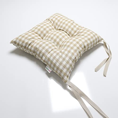 Tropik Home Colourful Seat Pads, Garden Kitchen Dining Chair Cushions Tie On (Beige Gingham)