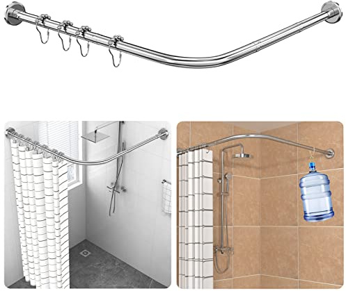 Duschvorhangstange Verstellbare L-Form, SUS304 Edelstahl Eckduschstange inkl. 18 Ringe, (90-120 × 90-120 cm), Bohrmontage Duschstange Ecke, für Badezimmer & Badewanne, Umkleideraum - Silber