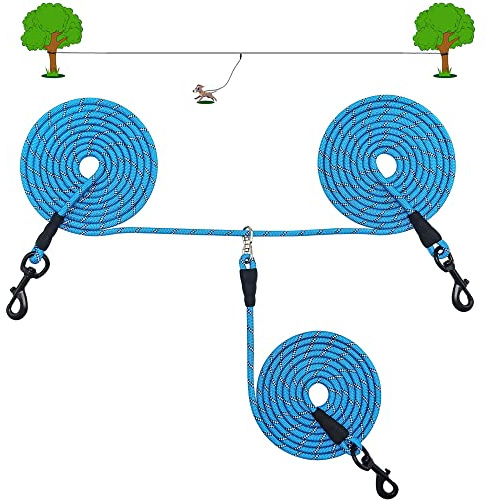 Boswany 20FT Dog Trolley System with 8FT Runner Lead, Tie Out Rope for 2 Dogs, 1/3 Reflective Outdoor Long Tether for Yard Camping Playing Running, Blue