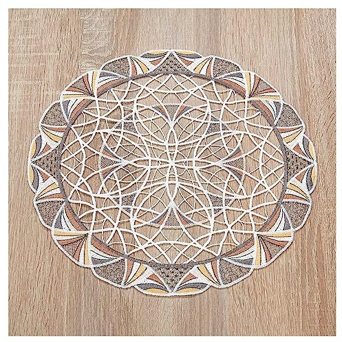 DSD Design-Studio Drechsler Deckchen Joline aus Echter Plauener Spitze Moderne Tischdecke in beige-braun mit geometrischem Muster 30 cm Durchmesser rund