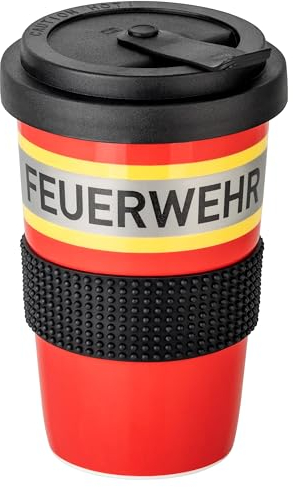 PACOTEX Coffee To-Go Becher aus hochwertigem Porzellan 400ml, rot mit gelb-silber-gelb Feuerwehroptik, Kunststoffdeckel mit Verschluss und Silikonbanderole