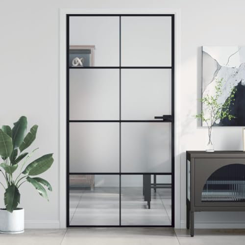 Festnight Interior Door Slim,Sliding Clear Glass Door,Aluminum Frame Barn Door Panel,for Office Kitchen Living Room Shower Door Room Dividers,102.5x201.5 cm Tempered Glass and Aluminium, Black