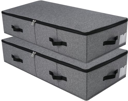 Lot de 2 boîtes de rangement pliables sous le lit avec doublure de support en plastique, 6 poignées, couvercle à fermeture éclair, couvertures, vêtements, couettes, paniers de rangement pour chambre à