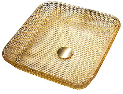 TEmkin Glas-Waschbecken, quadratisches Badezimmer-Waschbecken, goldenes künstlerisches Waschbecken, Aufsatz-Waschtisch-Waschbecken mit Pop-Up-Ablauf, Montagering (Einzelwaschbecken)