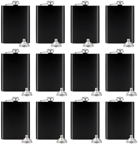 12 Pack 8 Oz Hip Flask for Liquor Matte Black Stainless Steel Leakproof with 12 Funnel for Gift, Fishing, Camping, Hunting, Hiking, Wedding Party, Traveling (Black)