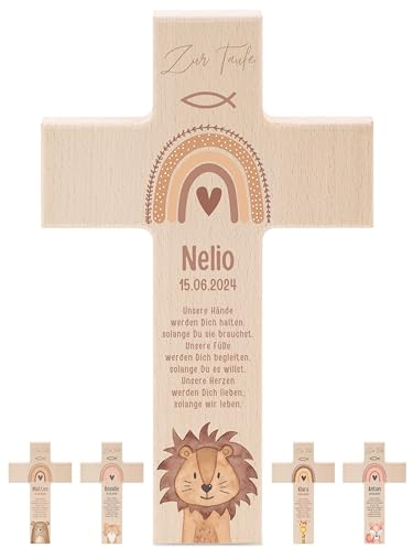 wunderwunsch® - Personalisiertes Taufkreuz mit hochwertigem Spezial-Druck aus massivem Buchenholz - Taufe Geschenk - Holzkreuz Taufe (Löwe)