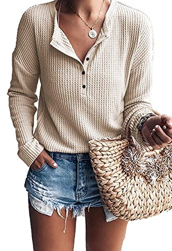 WNEEDU Camiseta Manga Larga Mujer Suelta Jersey Suéter Ligera Cuello en V Blusa Gofres Tejido Henley Camisas con Botones