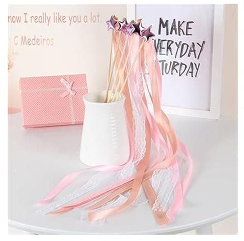 Zauberstäbe Hochzeit Luftschlangen 10pcs Star Crown Fairy Wand Lace Ribbon Streamers Wedding Magic Wands Wood Stick Bells Confetti Party Team Bride Prop Decor für Hochzeiten(Pink)