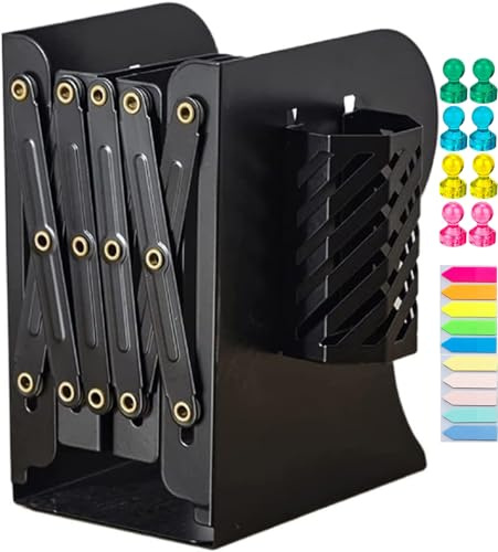 Verstellbare Buchstütze, Verstellbar Buchstützen Kinder Metall Bücherhalter Erweiterbar Metall Bücherstützen mit Stifthalter Bücherhalter Buchständer für Büro Zuhause Schule Bibliothek (Schwarz)