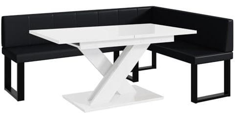 MEBLINI Eckbank für Esszimmer mit ausziehbarem Tisch - Küchenbank - Essecke - Sitzecke Küche - Peter - U-Beine 142x196x87cm Rechts - Schwarz Kunstleder/B Weiß Hochgl.