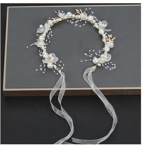 KICPUK Halbrund Ohrenschmuck Haarschmuck für Erwachsene - Mit Blüten Perlen und Kristallen für Hochzeiten Abendessen und Partys (Weiß, 34 * 6 cm)