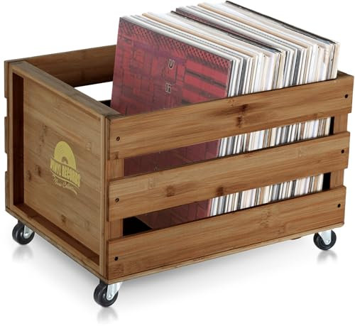 Stagecaptain SPKB-100 BN Bambus Schallplattenkiste “Emil” - Aufbewahrungsbox für bis zu 100 LPs - aus Bambus im Retro-Design - 4 lenkbare Rollen - auch für vieles andere bis 25 kg verwendbar - Braun