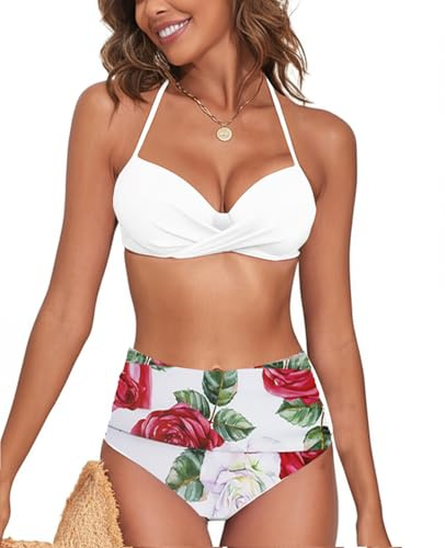 NLAND Costume da Bagno da Donna a Due Pezzi a Vita Alta Costumi Push Up Halter Imbottito con Stampa Floreale Sexy Bikini Set Regolabile Swimwear Beachwear(Bianco,L)