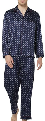 Sanraflic - Set di pigiama da uomo in satin, pigiama a maniche lunghe, maglietta da notte, abbigliamento da casa, M