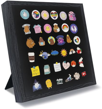 GMFrames 11x11 Enamel Pin Display Case, Pin Collection Display Frame with Real Glass, Shadow Box for Wall and Tabletop, Pin Holder Black