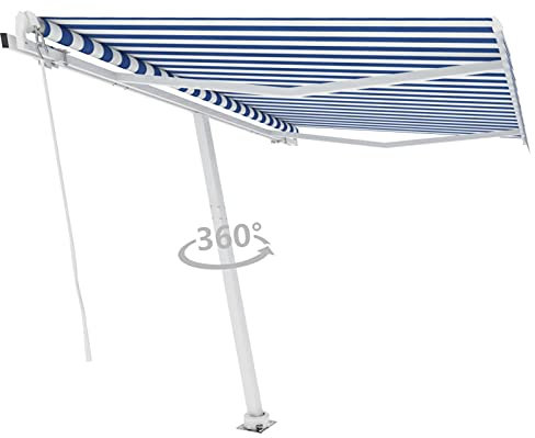 Brokky 3069516 Tenda da Sole Manuale Autoportante 350x250 cm Blu/Bianca-Tenda da Sole per Esterno Avvolgibile,Tenda da Sole a Bracci Estensibili con Telaio in Alluminio, Tettuccio Resistente al Sole e