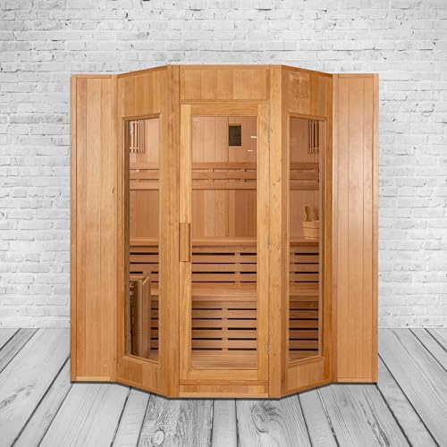 Finnische Sauna Alaska II – 3 Personen, 4500 W Saunaofen, Premium Hemlock-Holz, Zubehör-Set, XL-Glastür, LED-Beleuchtung, ergonomische Sitze, effiziente Wärmespeicherung, einfache Montage
