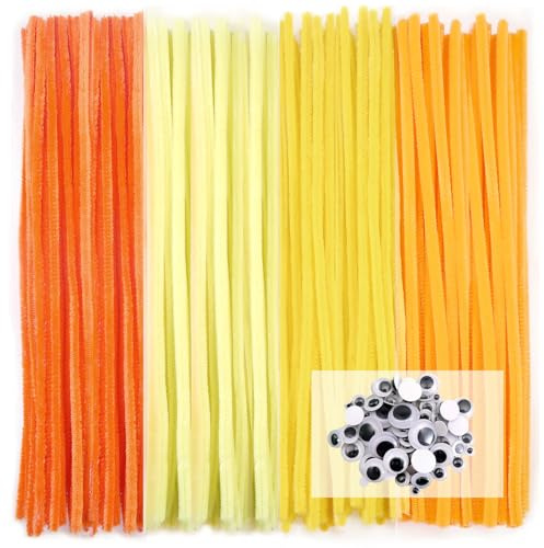 TOAOB 200 Stück Pfeifenputzer zum Basteln 4 Verschiedene Gelb Chenilledraht | Pfeifenreiniger 6 mm x 30 cm, Pipe Cleaner Basteln Set, mit Wackelaugen Selbstklebende, für DIY Handwerksprojekte