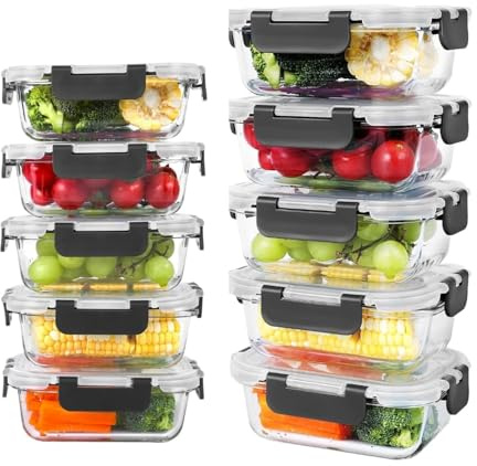 10-Pack Glass Meal Prep Containers - Glass Food Containers with Lids (1050ml & 370ml) Airtight, Leakproof Glass Containers with Lids - BPA-Free, Microwave, Oven & Freezer Safe - Stackable Storage Set