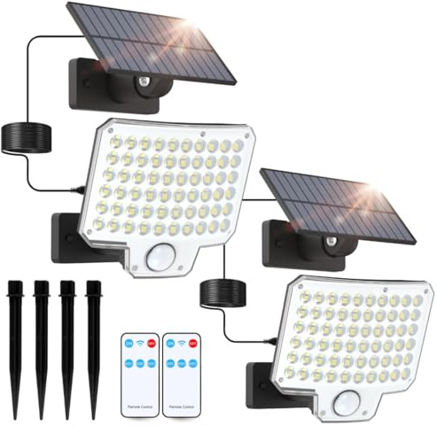 Vigililamp Lampe solaire extérieure avec capteur de mouvement, 240 LED, 500 lm, tête rotative, panneau solaire séparé, télécommande, 3 modes, étanchéité IP64, installation facile