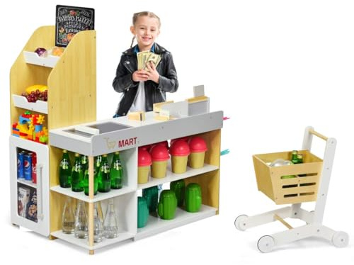 FANTASK Supermarket mit Einkaufswagen, Kaufladen aus Holz mit Tafel & Registrierkasse, inkl. Scanner & Kartenlesegerät & Kreditkarte & Münzen, Kaufmannsladen für Knder ab 3 Jahren