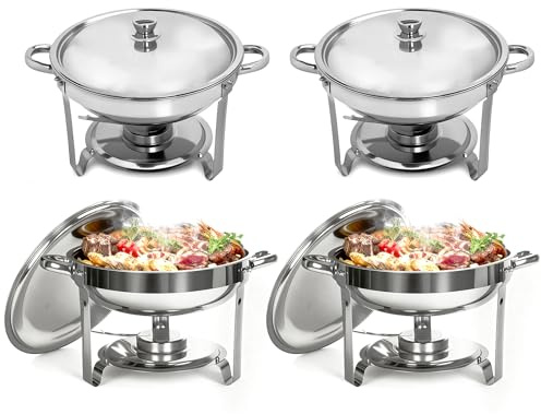 5L Chafing Dish Set 4er Pack, Edelstahl Warmhaltebehälter Essen, Speisenwärmer mit Rollrand-Design für Catering, Buffet und Party