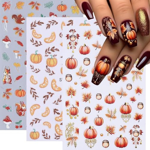 Nagelsticker Herbst 3D Nagelaufkleber Selbstklebend Gold Nail Art Sticker Kürbis Erntedankfest NagelDesign Nagelsticker Herbst DIY Maniküre Dekoration für Frauen und Mädchen(3Blatt)