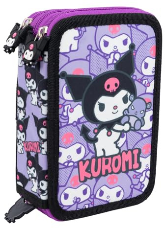 Hello Kitty Friends – Kuromi Federmäppchen für die Schule, 3 Fächer mit Reißverschlüssen, komplett mit Bleistiften, Filzstiften, Stiften und Zubehör [Kuromi Violett]