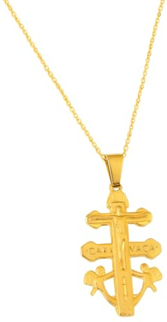 Collar Cruz de Caravaca Bendecida Dorada con Cadena 45 cm | Acero Inoxidable con Baño de Oro | Grabada y con Relieves Artesanales | Amuleto de Fe y Protección en Caja de Regalo (Oro, 3 Cm)