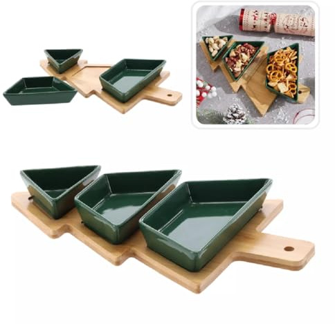 MIKONI Weihnachtsbaum Dipschalen Bambustablett Keramik, Holz Servierschalen Snackschale Schale, Servierplatte Mit Schälchen, Dipschälchen Set, Weihnachten, Tischdekoration, Weihnachtsdeko