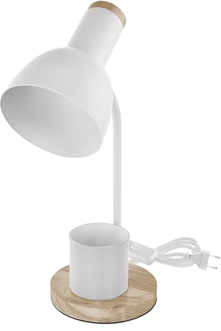 EMOS - LED Tischlampe POPPY mit Stift-Halter, E27 Gewinde - elegante Leseleuchte aus Metall mit Fuß aus Holz - Netzkabel 1,5m mit Schalter und Eurostecker - ohne Lichtquelle, E27 max. 25W - Weiß