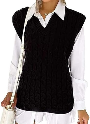 V-Neck Jumpers for Women Plain Cable Knit Vest Womens Knitted Waistcoat Winter Tank Tops Chunky Sweaters Pull Over Casual Ladies Sleeveless Plus Size Jumper UK (Black, 14-16)