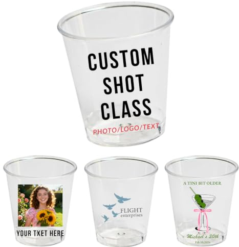 12 Pack Custom Birthday Shot Glass, Add Your Name, Any Photo or Funny Text, 1.7oz Mini Plastic Party Cups, Personalised Gift for Wedding Business Decoration Present