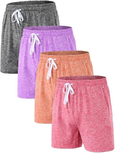 Mexholin 4 Pack Girls Sports Shorts with Pockets Girls Cycling Shorts Summer Casual Kids School PE Athletic Short for Gym Dance Running Black/Orange/Purple/Hot Pink M