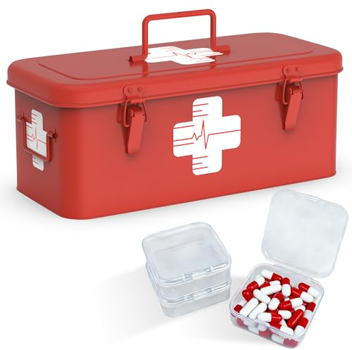 Orionstar Vintage Metal First Aid Box - Large Emergency Medicine Case with 3 Loose Pill Organizers & Top Handle - 360° Visible Medical Symbol Steel Storage for Home Car