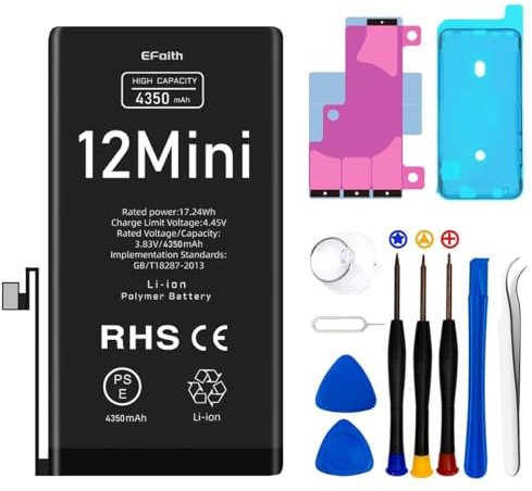 Batterie pour iPhone 12 Mini 4350mAh Batterie de Remplacement Haute capacité 0 Cycle avec Kits d'outils de réparation pour modèle A2176, A2398, A2399, A2400