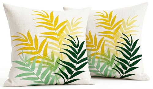 Luzzxfa Gelb Outdoor Kissenbezug 40x40 cm 2er Set Wetterfest Blatt Dekokissen Zweiseitiges Muster Sommer Sofakissen Modern Kissen Leinen Kissenbezüge Dekorative für Sofa Garten Balkon Camping