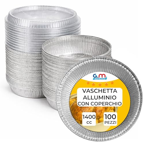 GM – 100 Vaschette Alluminio 1400 cc con Coperchio PET Trasparente, Rotonde Ø 20,8 x 5,7 cm, Contenitori per Asporto, Gastronomia e Rosticceria