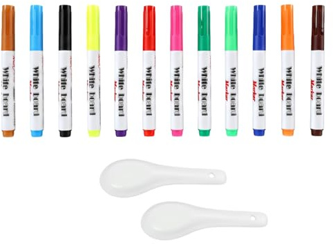 Juego de 12 Rotuladores Mágicos para Dibujos Flotantes, 2 Cucharas de Cerámica, Marcadores de Agua para Actividades Creativas, Tinta Flotante Set de Arte, Tatuajes Temporales DIY