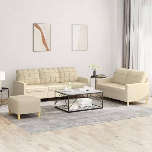 Augerqir 3-teilige Sofagarnitur mit Kissen, Creme Stoff, Polstergarnitur mit Ottomane, 2- und 3-Sitzer, Metall und Sperrholz, platzsparend für Wohnzimmer und Gästezimmer