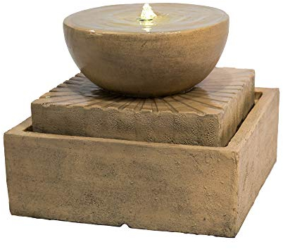 Teamson Home Garden Water Feature with Lights, Outdoor 2 Tier Basin Water Fountain & Pump, Indoor Stone Cascading Zen Waterfall Ornament, Patio Decor