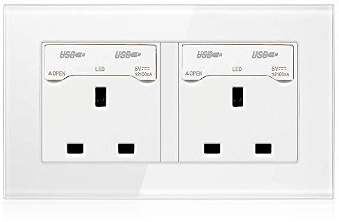 Standard White Crystal Glass Panel Double/Single Electric Switched Socket with Dual USB Charge Port Wall Switch Power Plug-s Sockets USB Charger Ports Outlet (Double with 4 USB)