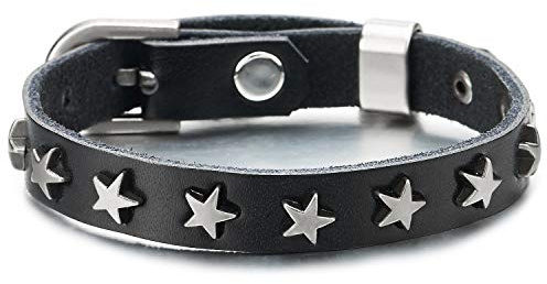 COOLSTEELANDBEYOND Gotico, Uomo Donna Braccialetto, Nero Cuoio Pelle Bracciale con Convesso Stella Rivetti, Fibbia Chiusura