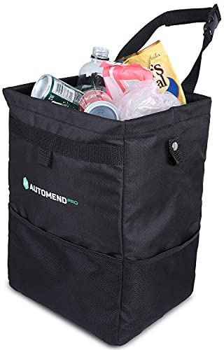 AUTOMEND PRO Mülleimer für Auto - 25L Hänge Mülleimer Auto | Auto Abfallbehälter, wasserdicht schwarz, mit Deckel und 3 Steckfächern | Großer Mülleimer faltbar Camping | Reise Auto Zubehör