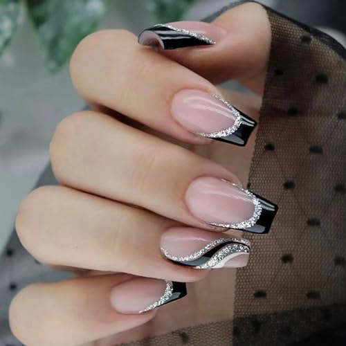 Ceboic 24 Stück Sarg Press on Nails Mittellang, French Künstliche Nägel mit Schwarz Streifen Design, Glossy Kunstnägel Nägel Zum Aufkleben Nude Rosa Acryl Fingernägel für Frauen und Mädchen