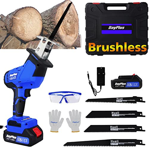 Brushless Reciprocating Saw Cordless with 0-1900SPM Variable Speed, Tool-Free Blade Change, 21V Electric Saw Cordless Sabre Saw with 4 Blades for Wood Metal Cutting, 1.5Ah Battery & Charger Included