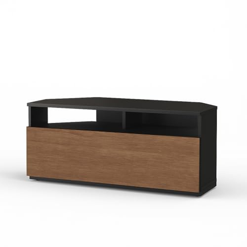 RO&CO Sonorous TRD100-BLWN | Meuble TV d’Angle Noir avec Porte Noyer 100 cm | Meuble Télévision pour Salon Moderne | Porte Rabattable avec Rangement Caché | Supporte Jusqu’à 40 kg.