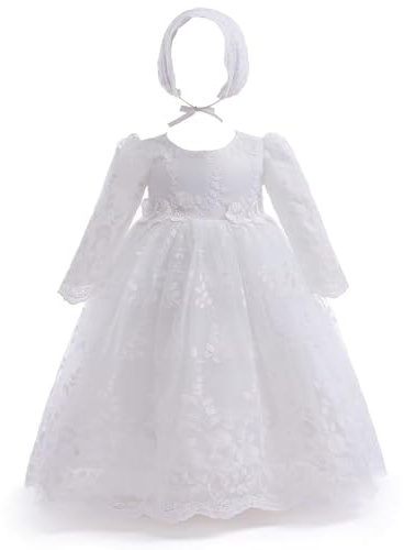 Leideur Abito Battesimo Bambina Abiti da Sposa Lunghi Bianchi Abiti da Sposa Formali per Neonati(Bianco 1, 24 Mesi)