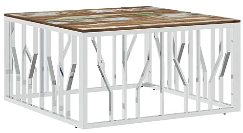 vidaXL Couchtisch, Beistelltisch mit viel Platz für Snacks Getränke, Sofatisch für Wohnzimmer, Tisch Kaffeetisch Telefontisch, Silbern Edelstahl Altholz Massiv